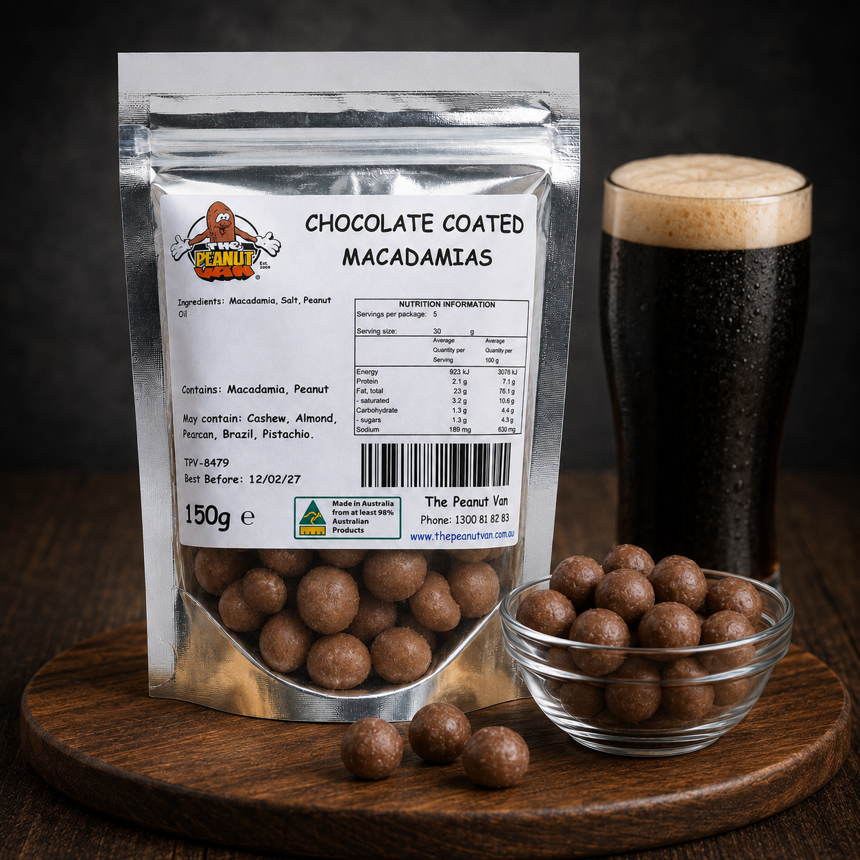 Macadamia - Chocolate Coated by The Peanut Van - pack and serving