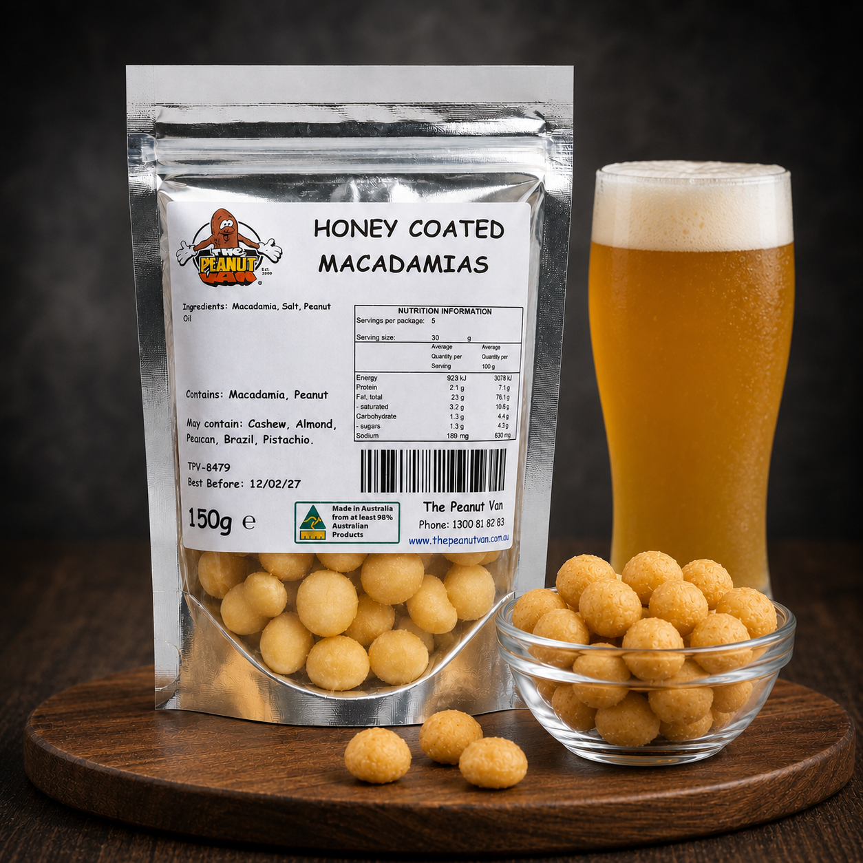 Macadamia - Honey Coated by The Peanut Van - pack and serving