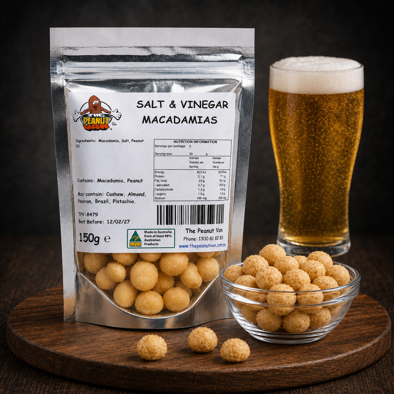 Macadamia - Salt & Vinegar by The Peanut Van - pack and serving
