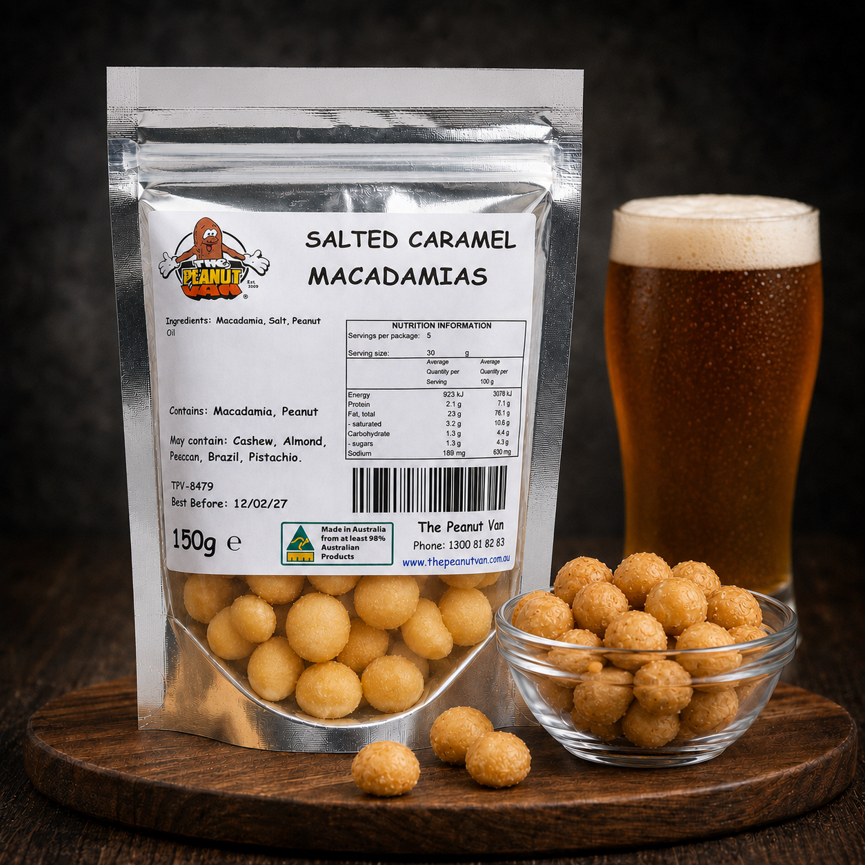 Macadamia - Salted Caramel by The Peanut Van - pack and serving