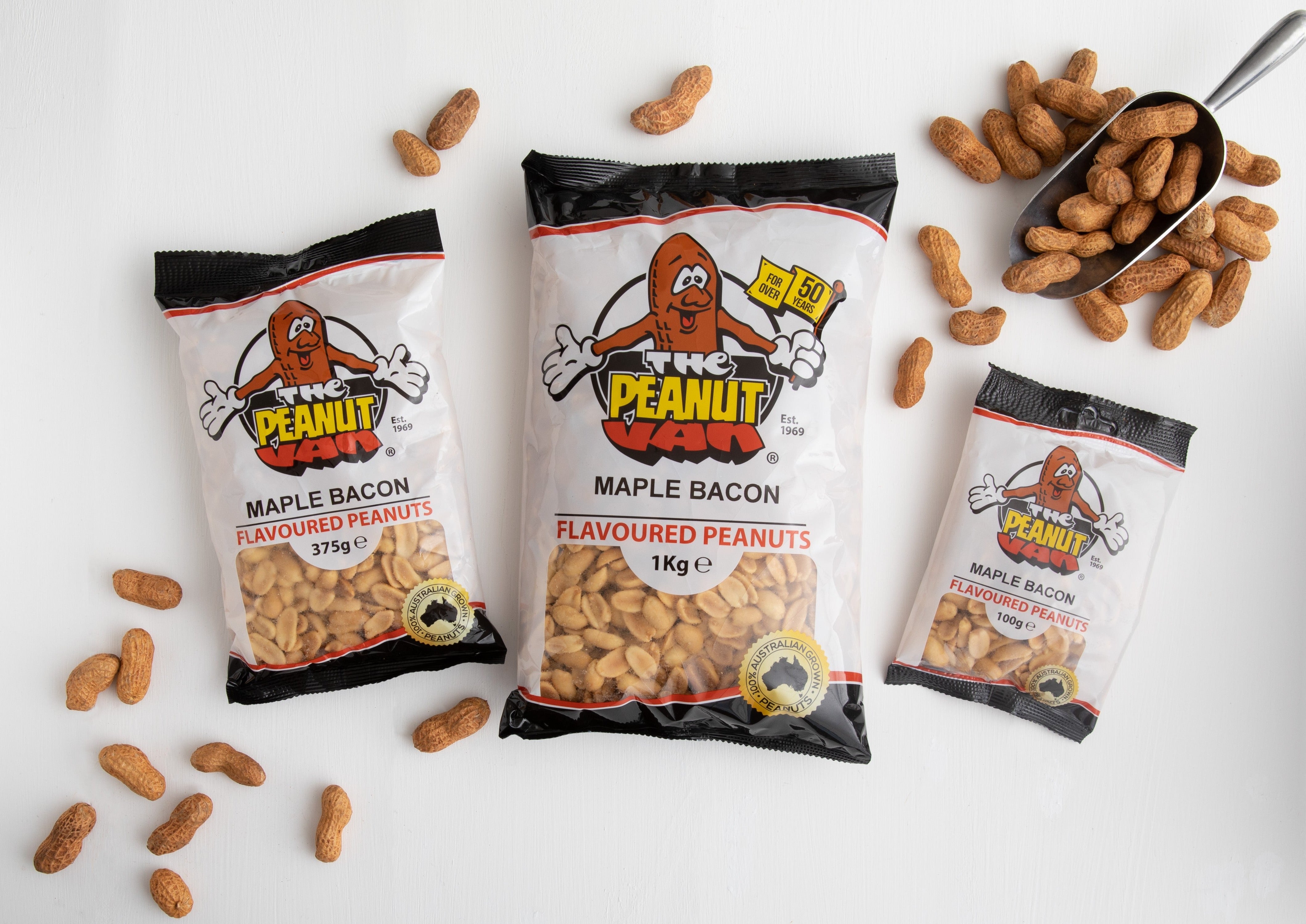 Maple Bacon peanuts by The Peanut Van, pack and serving
